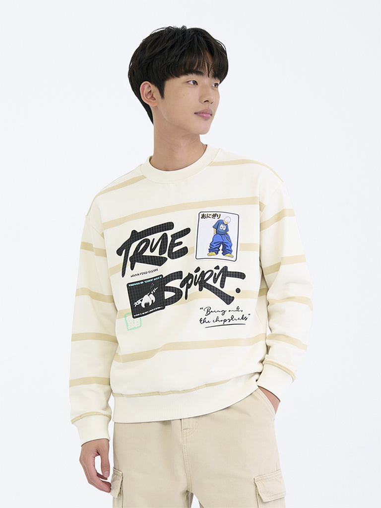 Boys Light Beige Graphic Printed Cotton-Blend Sweatshirt