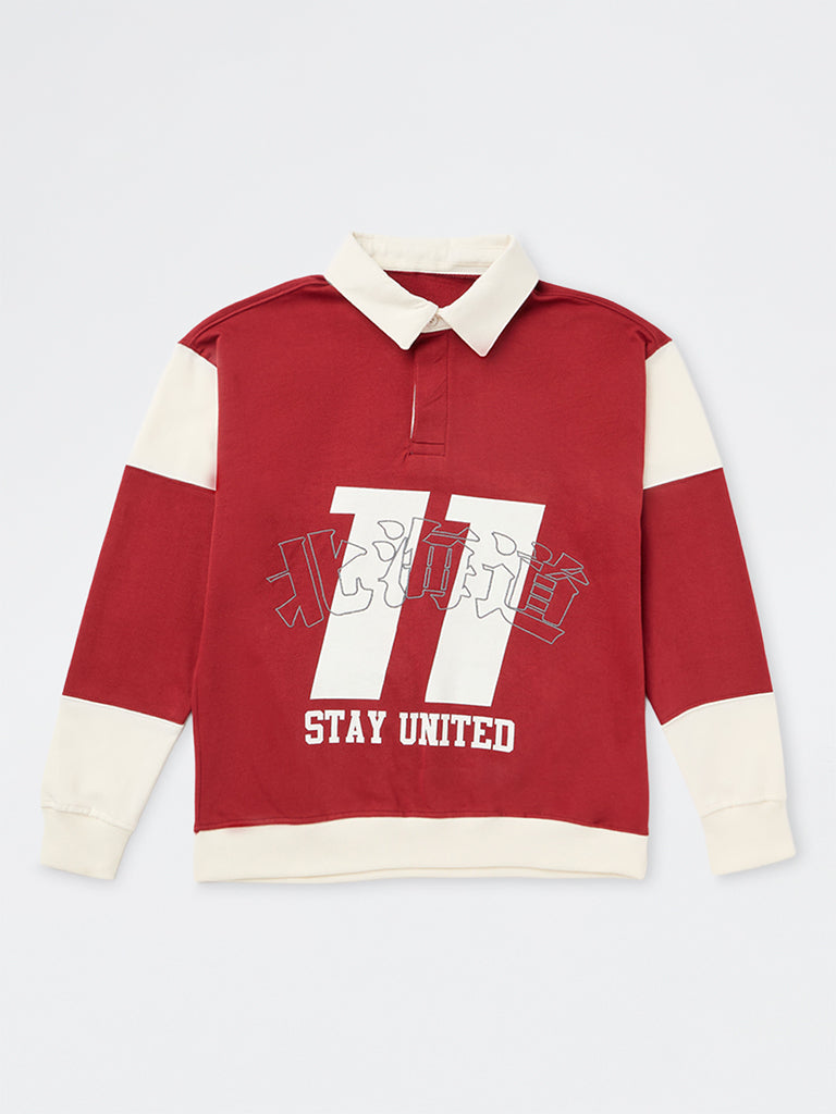 Boys Red Printed Cotton Sweatshirt