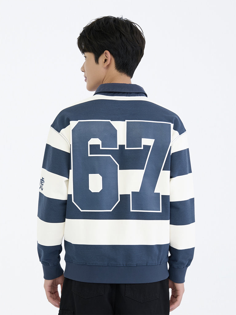 Boys Navy Stripe Printed Cotton Polo Sweatshirt