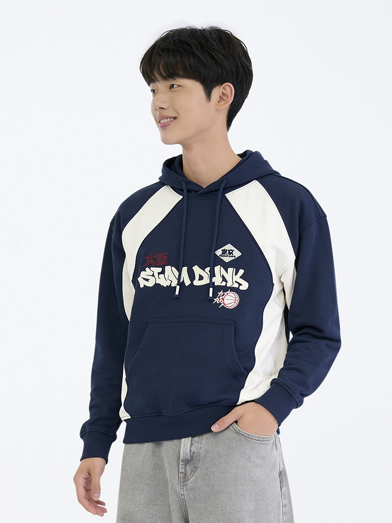 Boys Navy Printed Cotton Hoodie