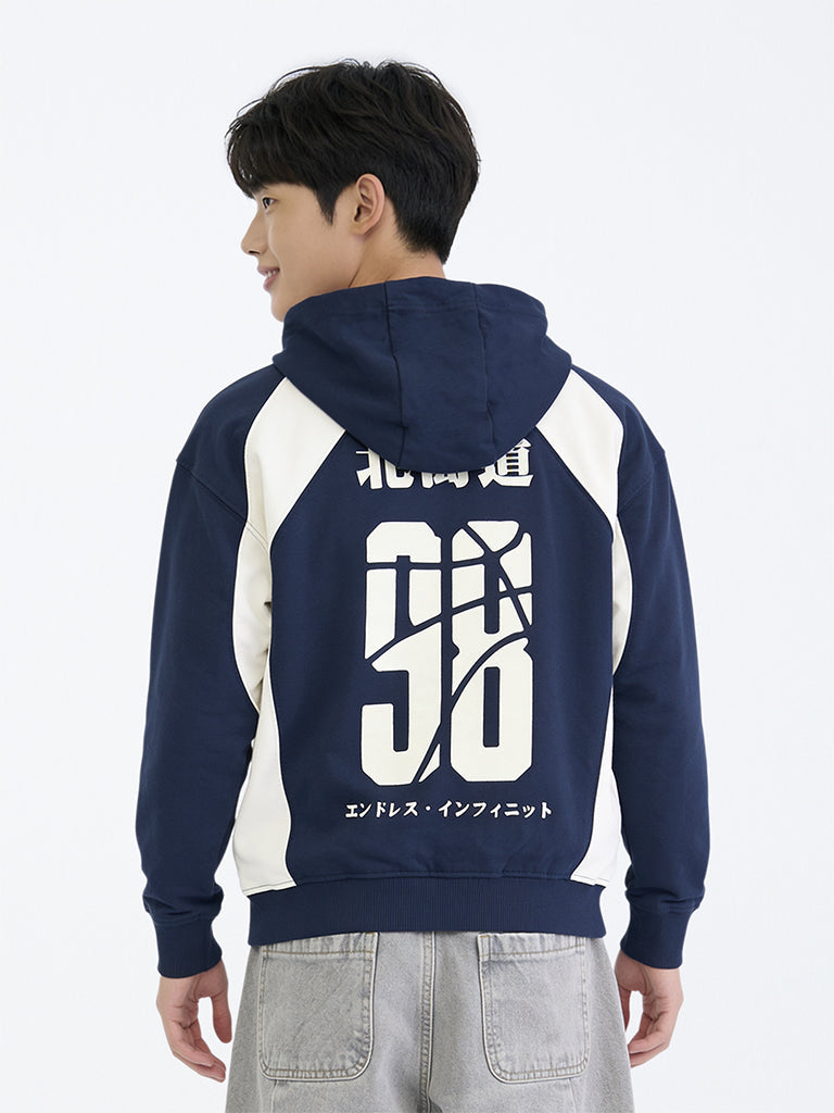 Boys Navy Printed Cotton Hoodie