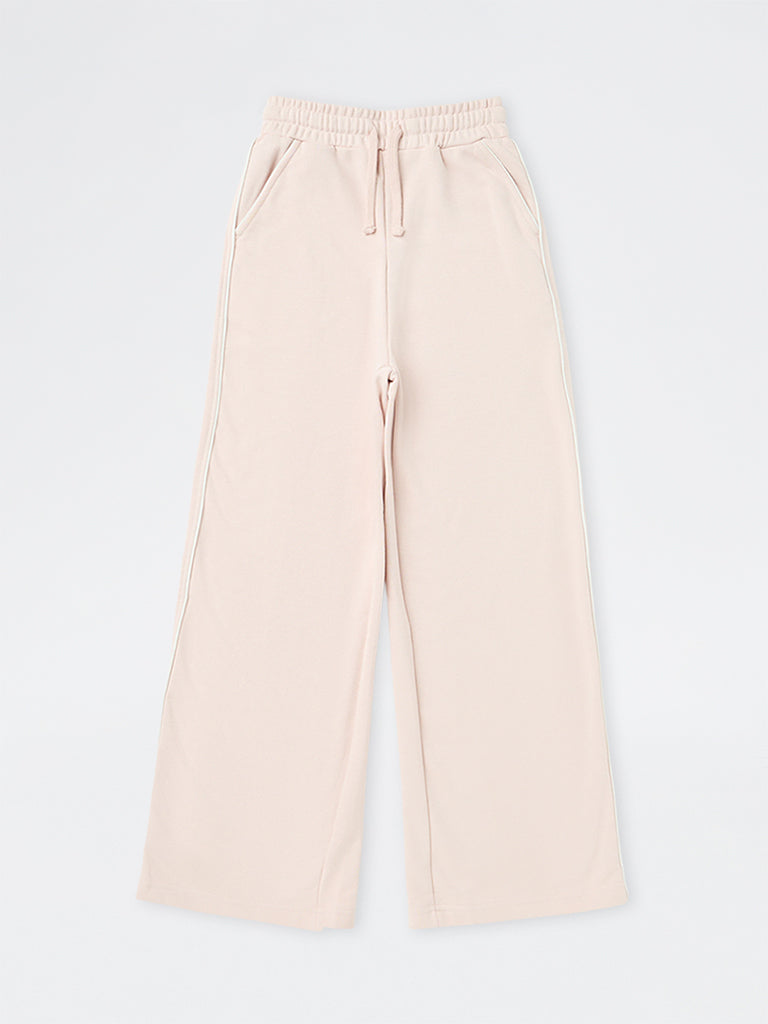 Girls Light Pink Contrast-Piping High-Rise Cotton-Blend Trackpants