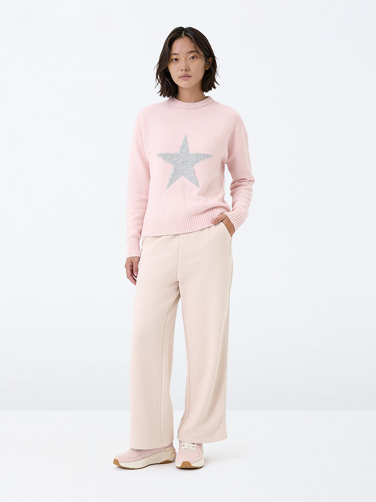 Girls Light Pink Contrast-Piping High-Rise Cotton-Blend Trackpants