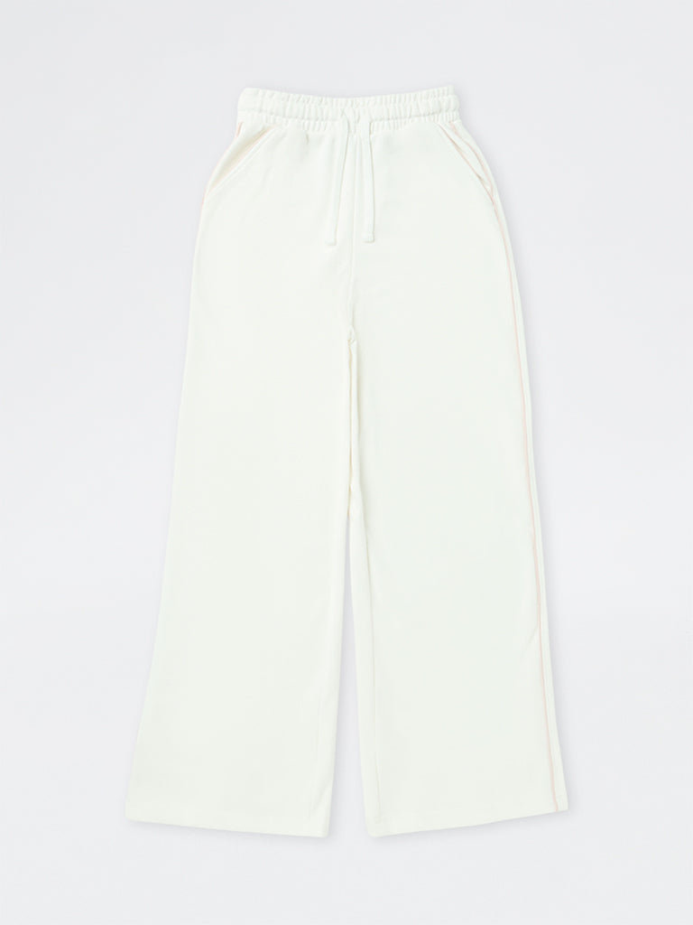 Girls White Contrast-Piping High-Rise Cotton-Blend Trackpants