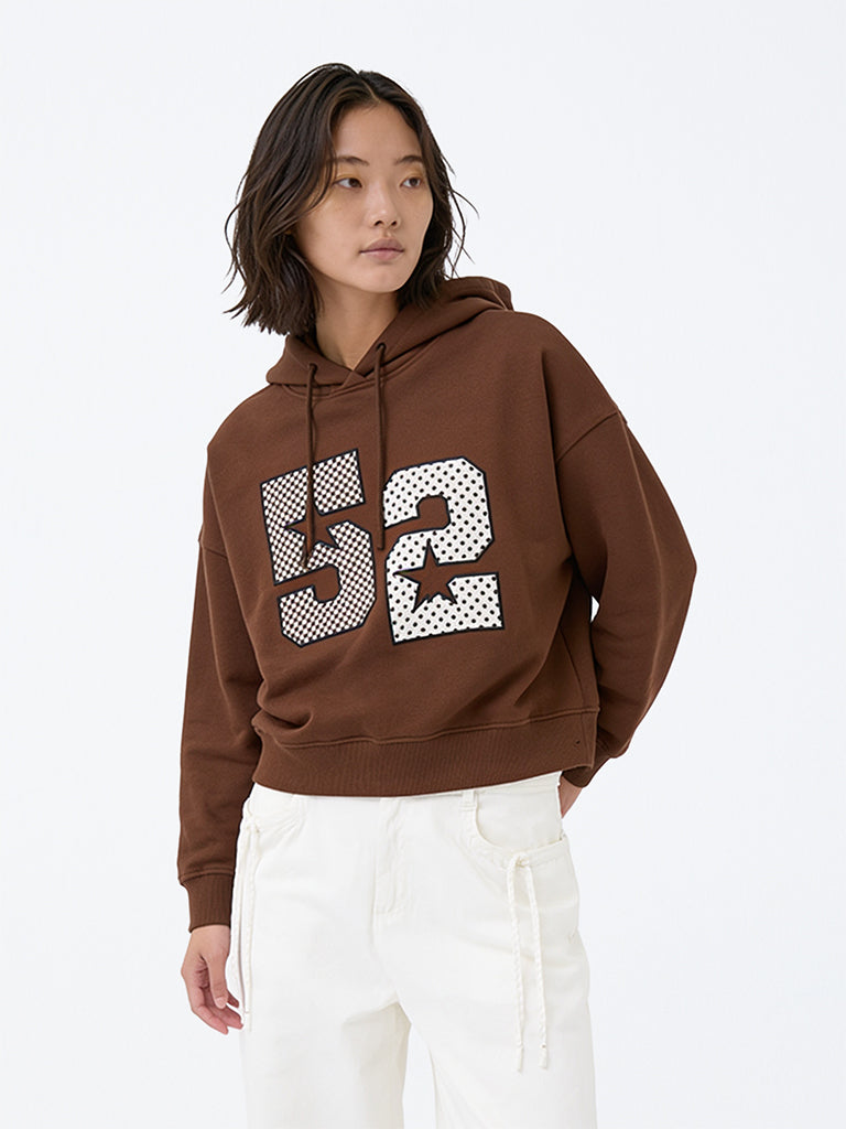 Girls Brown Numerical Design Cotton Hooded Sweatshirt