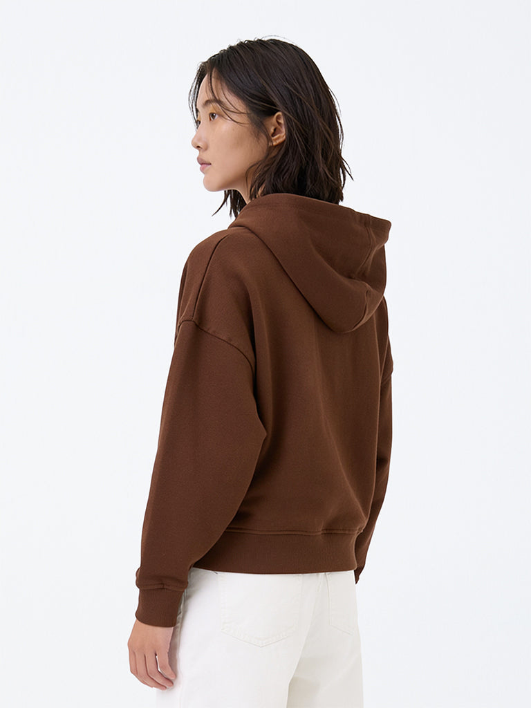 Girls Brown Numerical Design Cotton Hooded Sweatshirt