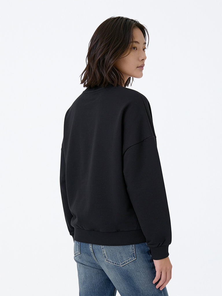 Girls Black Graphic Printed Cotton Sweatshirt