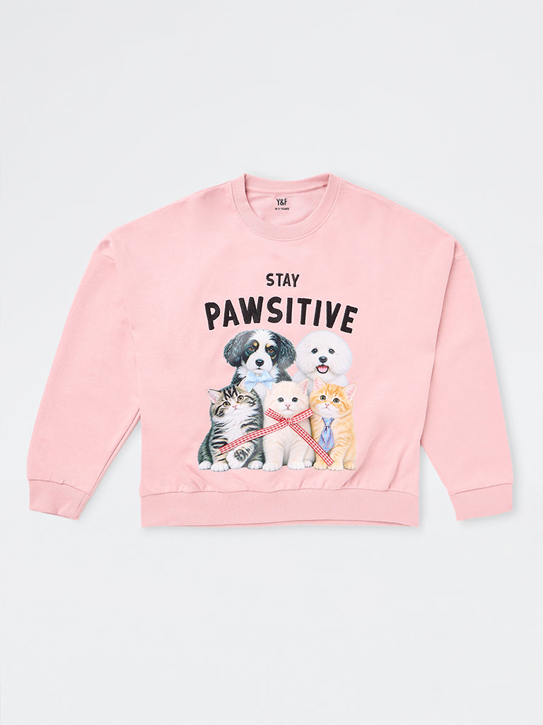 Girls Light Pink Animal Printed Cotton Sweatshirt
