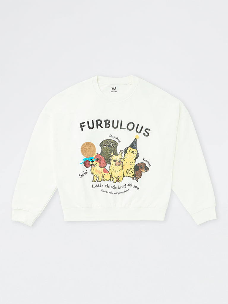 Girls White Graphic Printed Cotton Sweatshirt