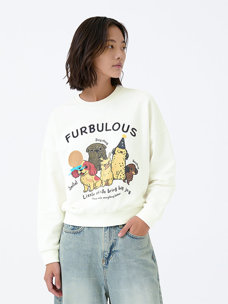 Girls White Graphic Printed Cotton Sweatshirt