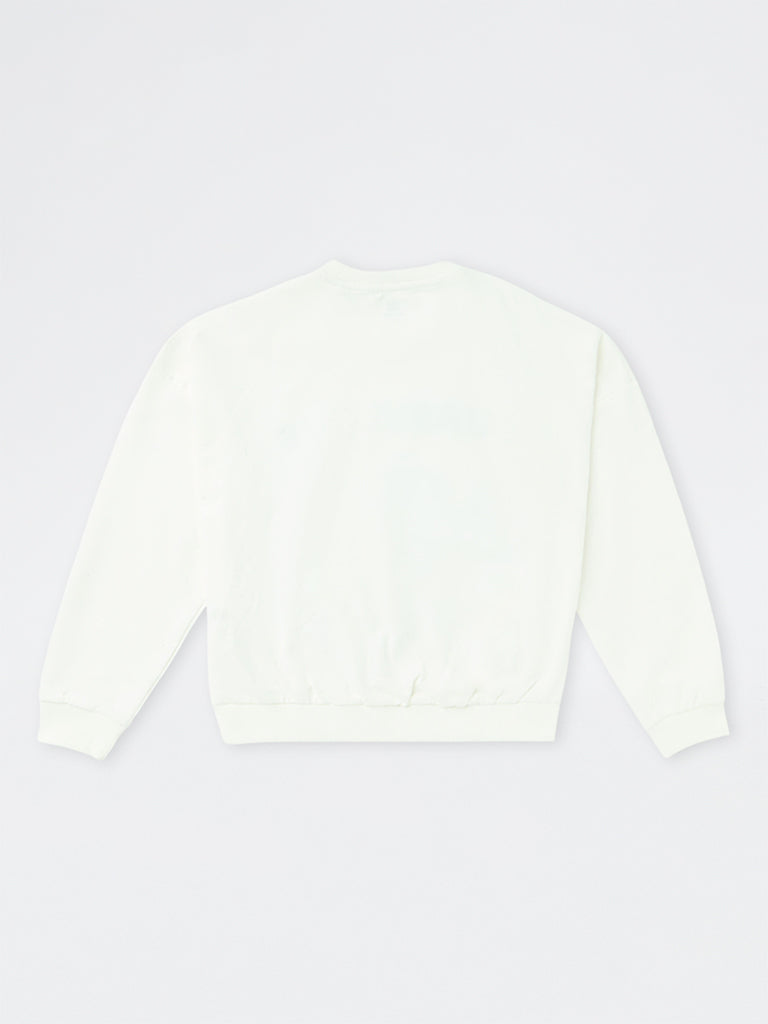 Girls White Graphic Printed Cotton Sweatshirt