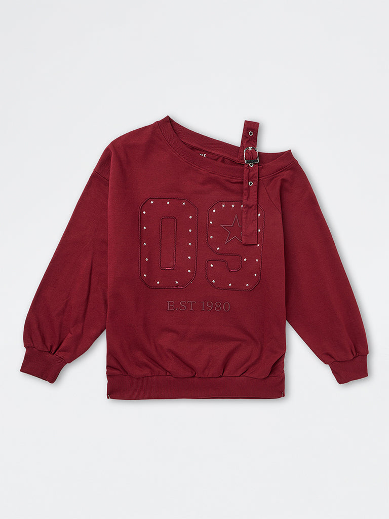 Girls Burgundy Numerical Design One-Shoulder Cotton Sweatshirt
