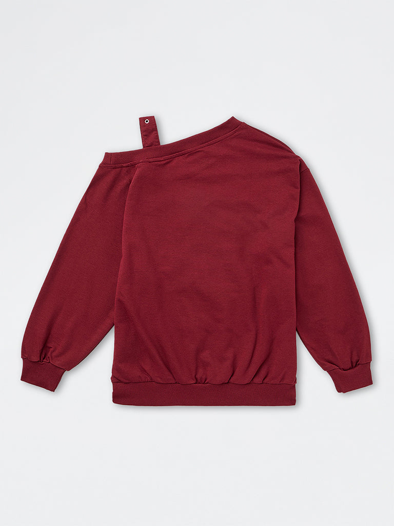 Girls Burgundy Numerical Design One-Shoulder Cotton Sweatshirt
