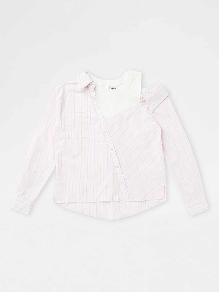 Girls Light Pink Striped Layered Cotton-Blend Shirt