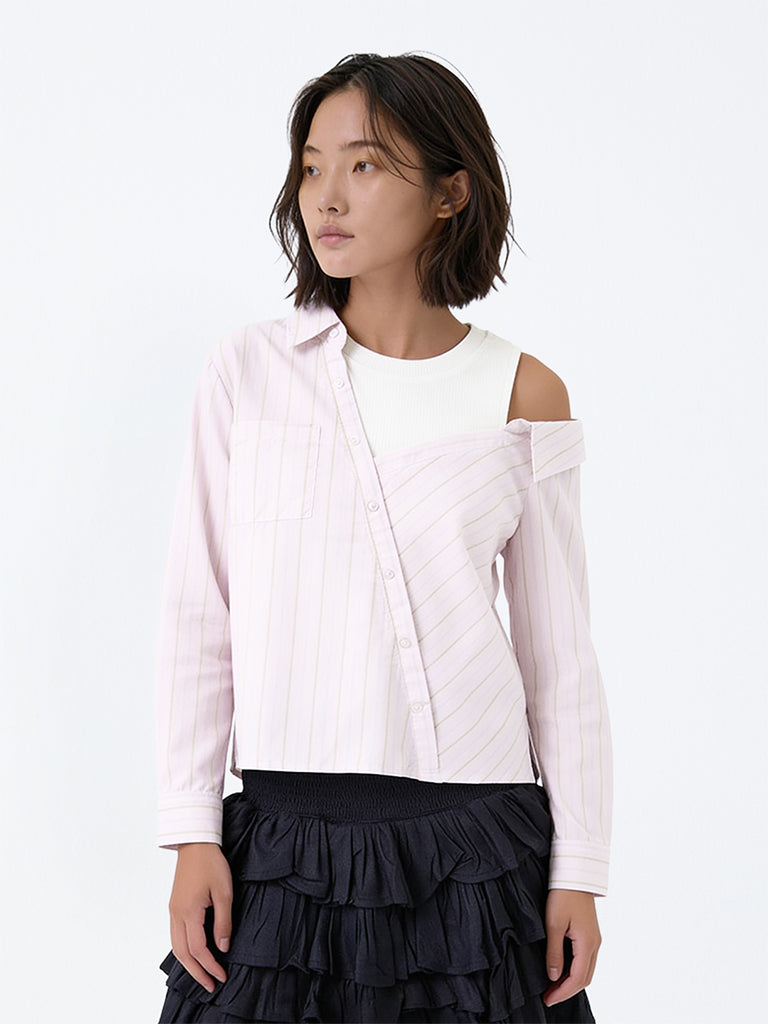 Girls Light Pink Striped Layered Cotton-Blend Shirt