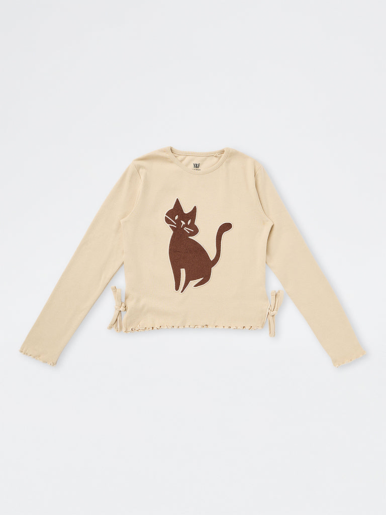 Girls Light Beige Cat Embroidered Cotton-Blend Top