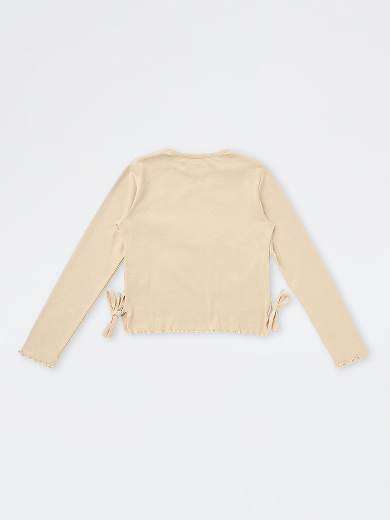 Girls Light Beige Cat Embroidered Cotton-Blend Top