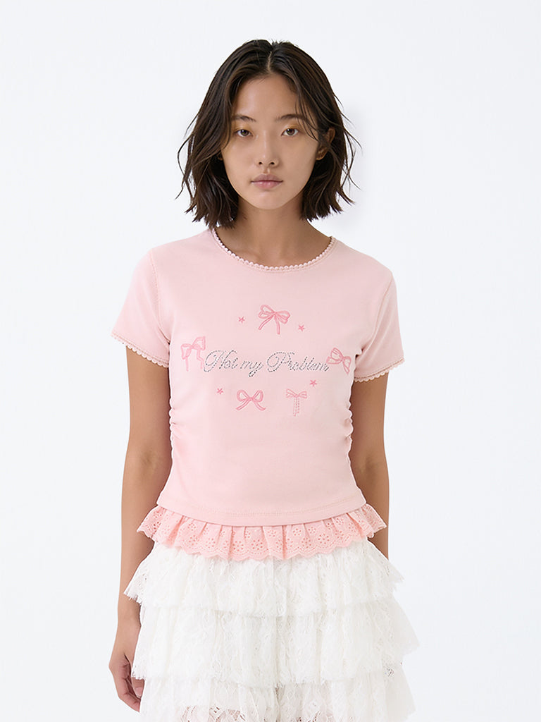 Girls Light Pink Text Embellished Cotton-Blend Top