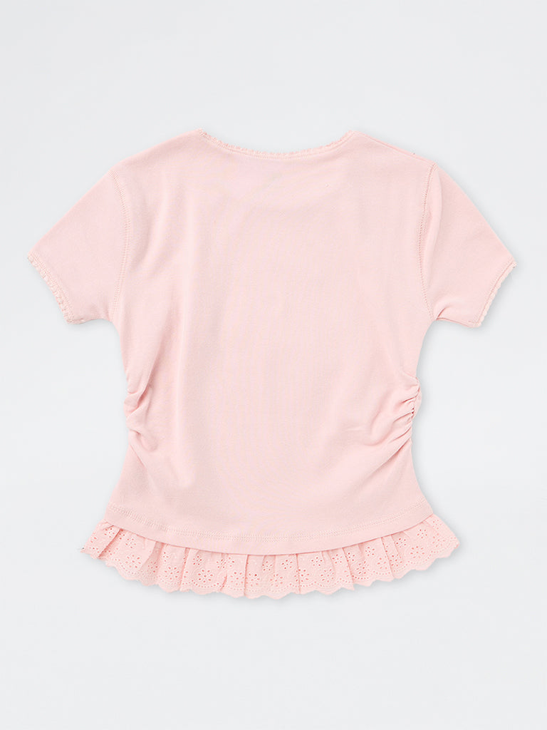 Girls Light Pink Text Embellished Cotton-Blend Top