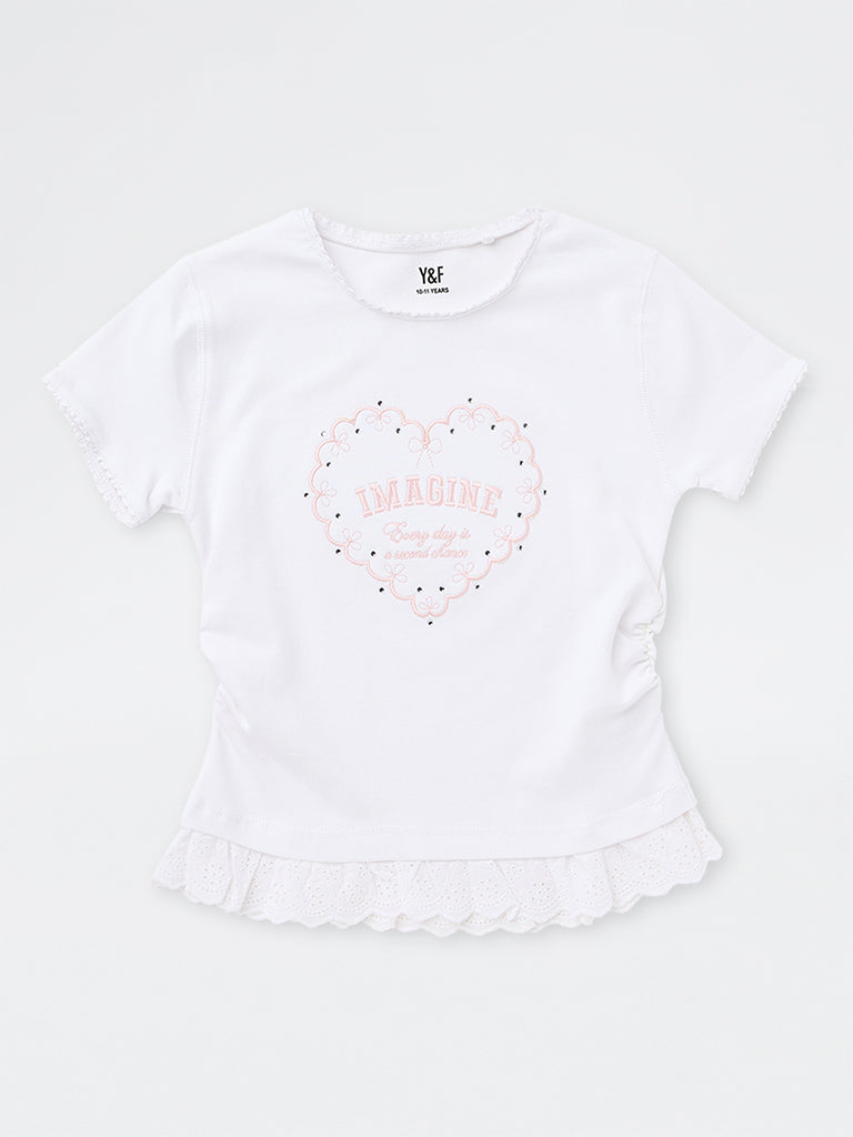 Girls White Text Embroidered Cotton-Blend Top