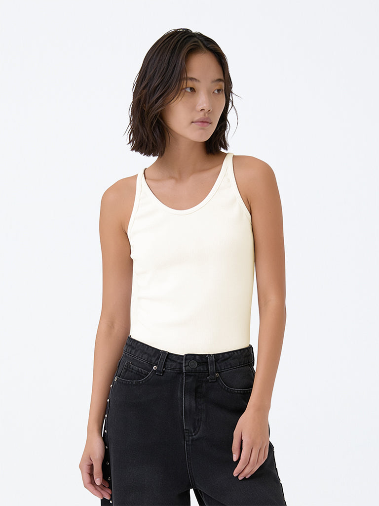 Girls Cream Ribbed Cotton-Blend Top