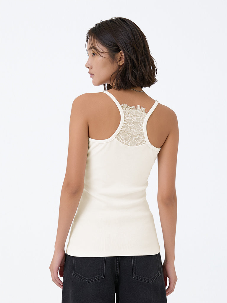Girls Cream Ribbed Cotton-Blend Top
