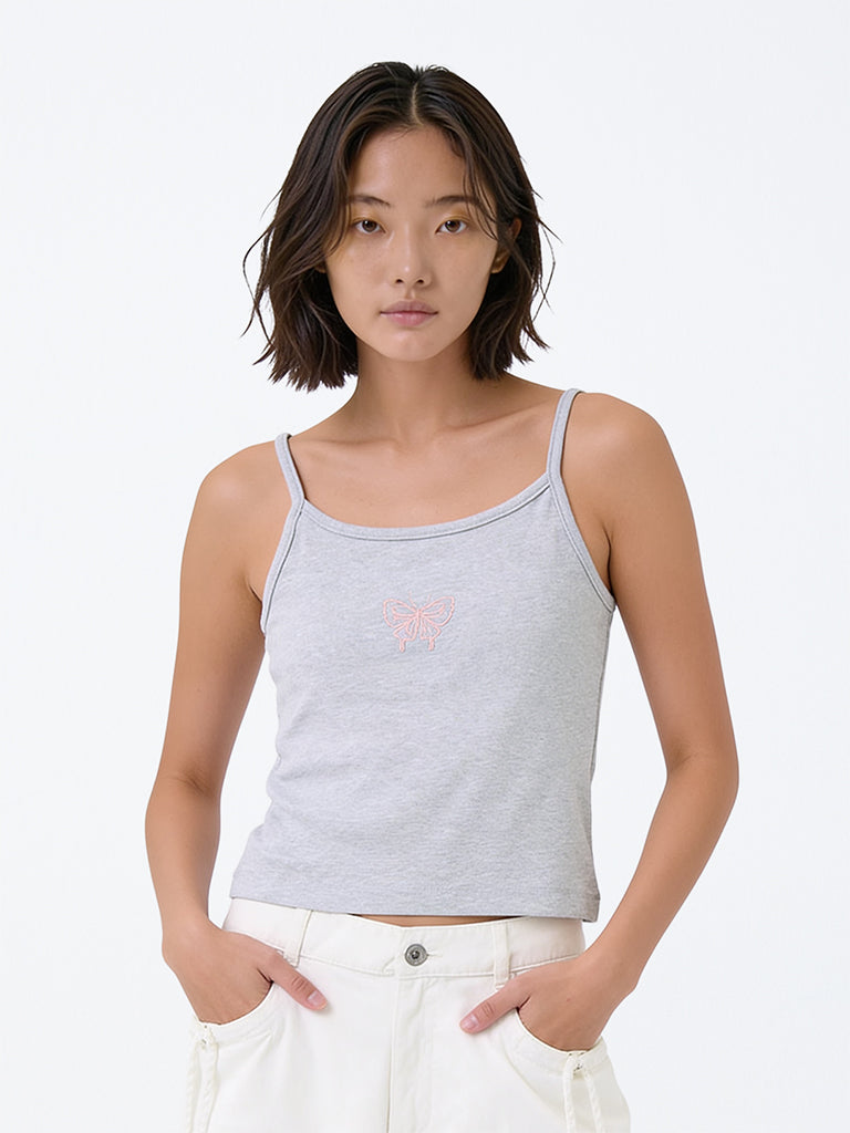 Girls Grey Butterfly Embroidered Cotton-Blend Top