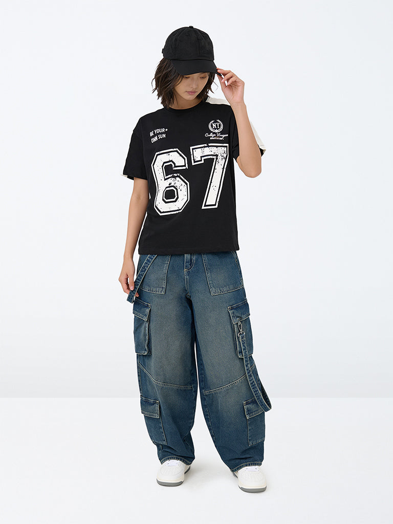 Girls Black Numerical Printed Cotton T-Shirt
