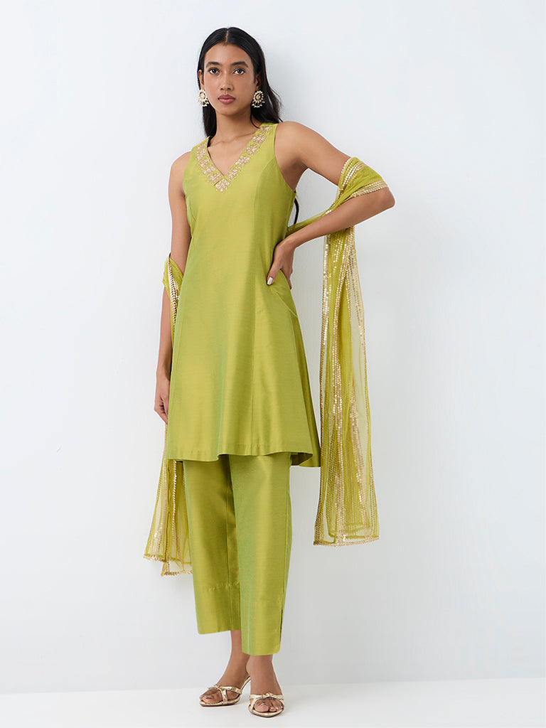 Vark Lime Floral Embroidered A-Line Ethnic Set