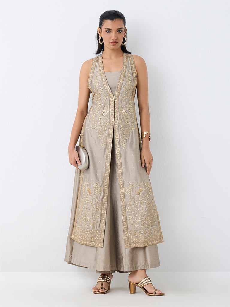 Vark Grey Nature-Inspired A-Line Kurta with Flared Palazzos Set