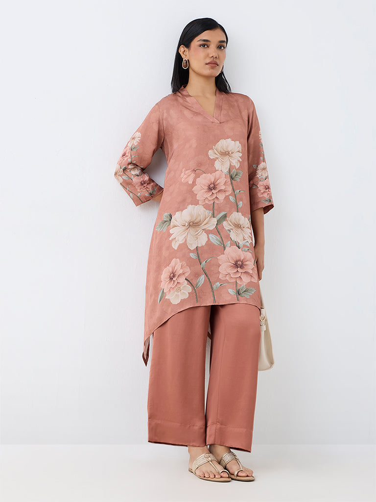 Zuba Dusty Pink Floral Printed Asymmetrical Kurta