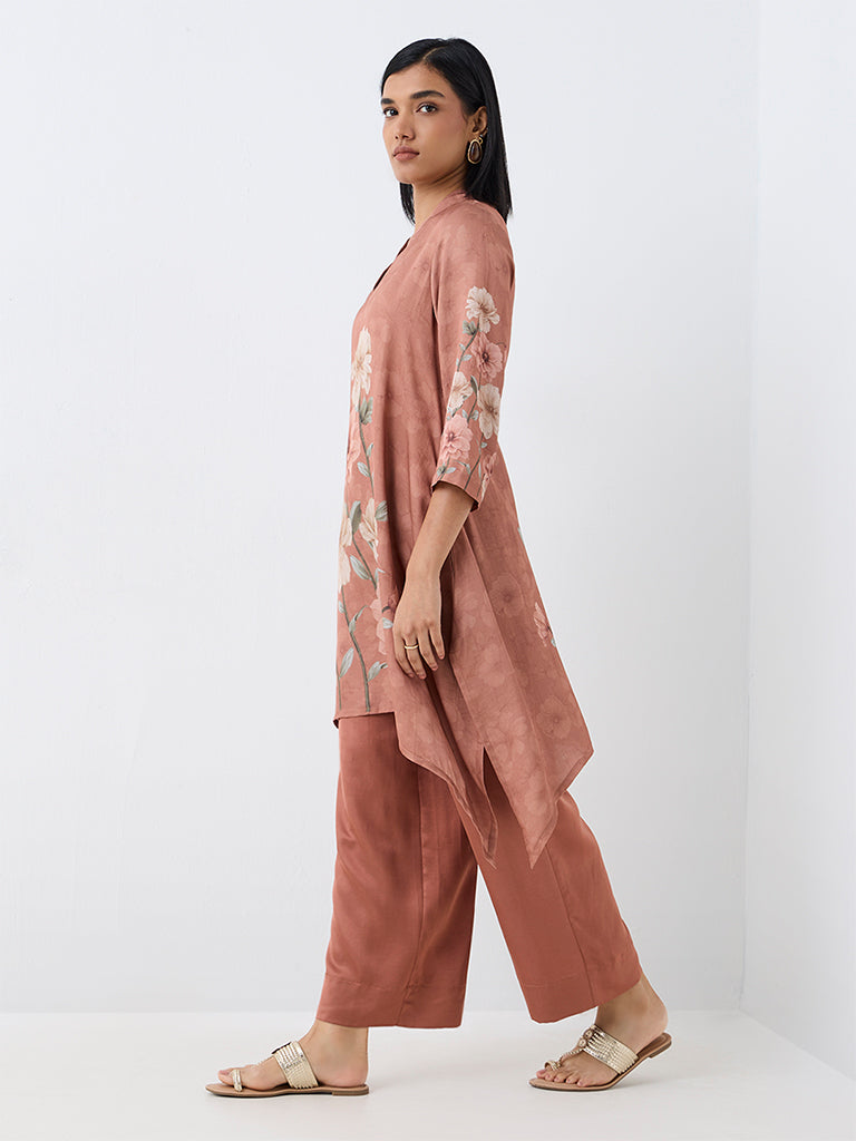 Zuba Dusty Pink Floral Printed Asymmetrical Kurta