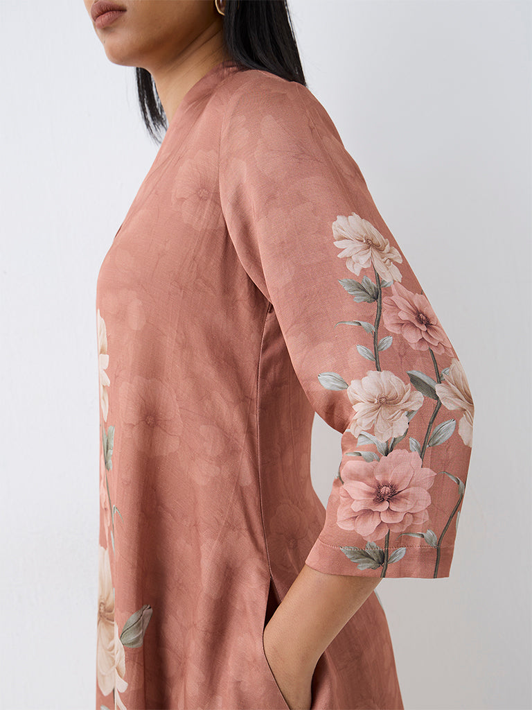 Zuba Dusty Pink Floral Printed Asymmetrical Kurta