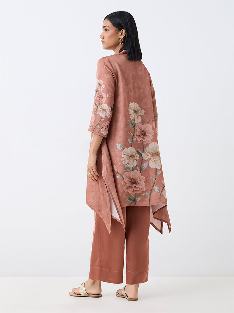 Zuba Dusty Pink Floral Printed Asymmetrical Kurta