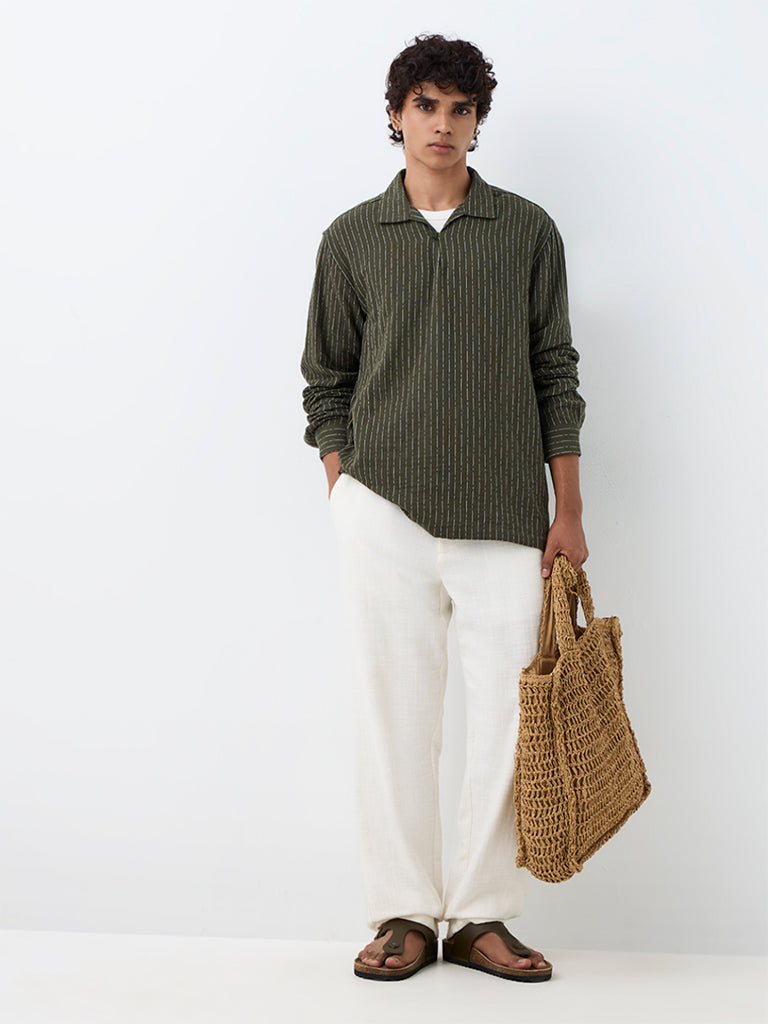 ETA Dark Olive Striped Relaxed-Fit Cotton Shirt