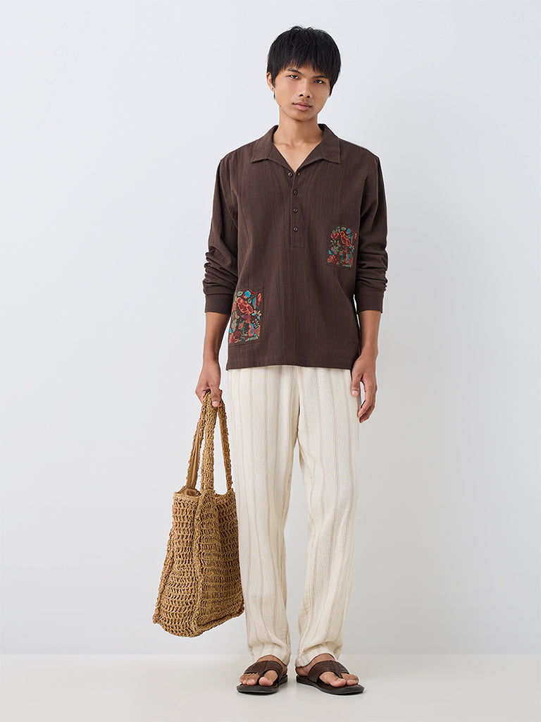 ETA Dark Brown Floral Embroidered Relaxed-Fit Cotton Shirt