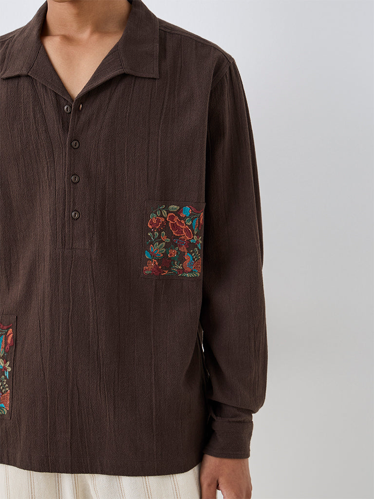 ETA Dark Brown Floral Embroidered Relaxed-Fit Cotton Shirt