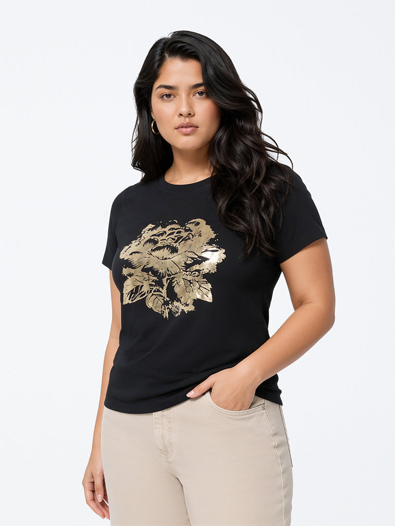 Gia Black Floral Design Cotton T-Shirt