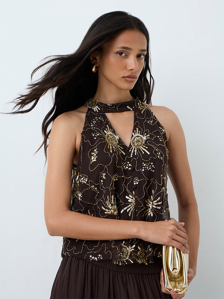 LOV Dark Brown Sequin Embellished Top