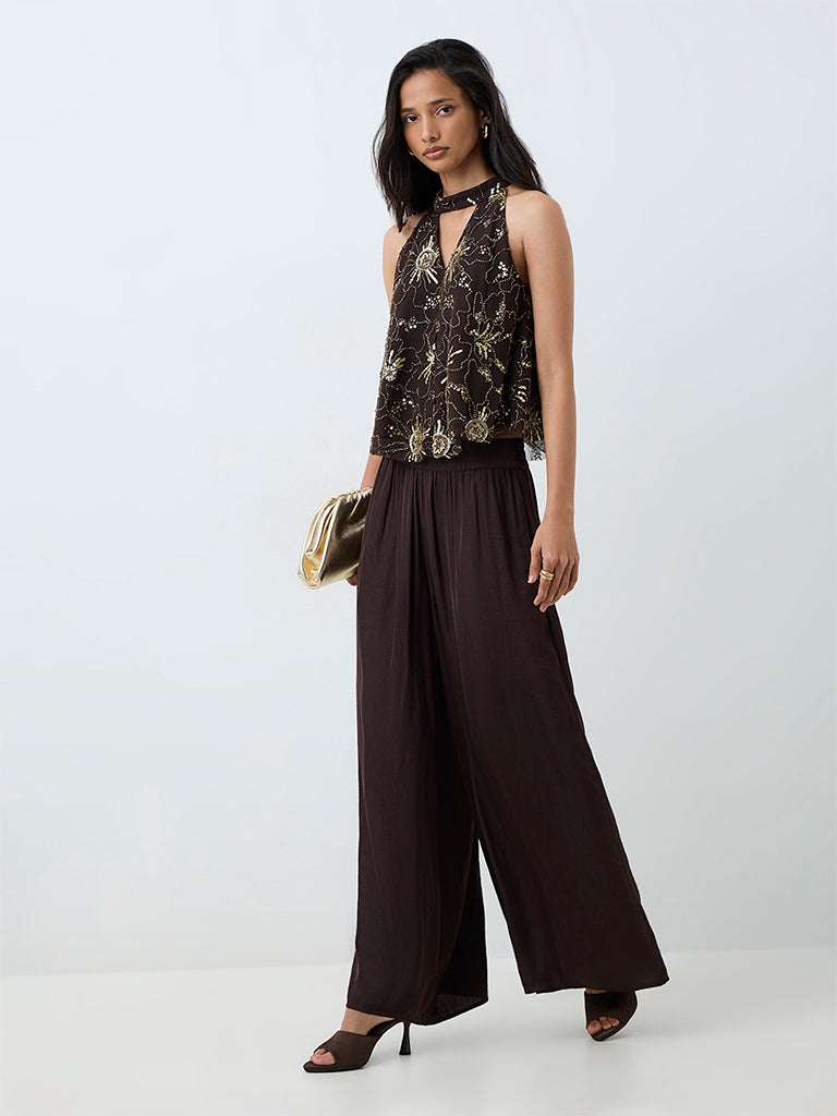 LOV Dark Brown Sequin Embellished Top