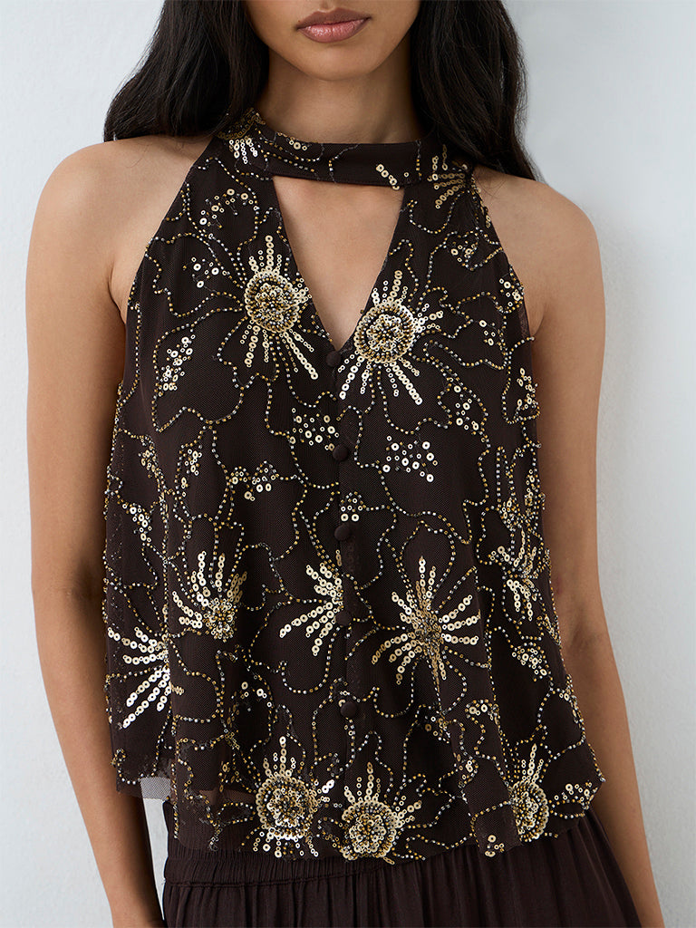 LOV Dark Brown Sequin Embellished Top