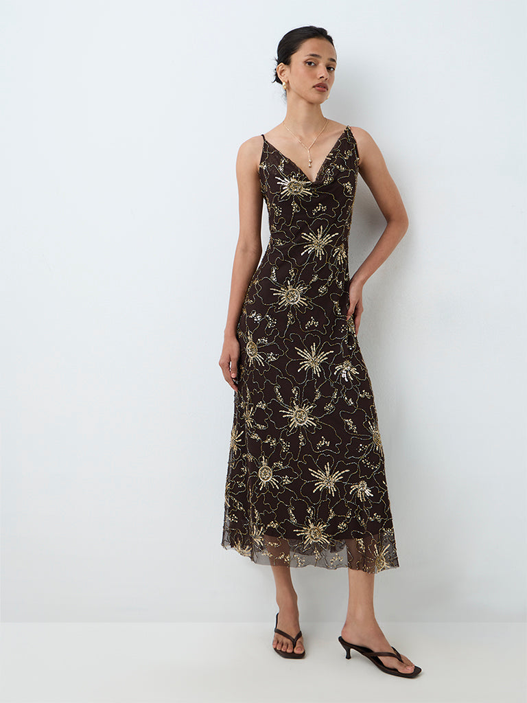 LOV Dark Brown Sequin Embellished Party Dress