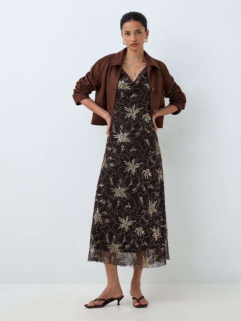 LOV Dark Brown Sequin Embellished Party Dress