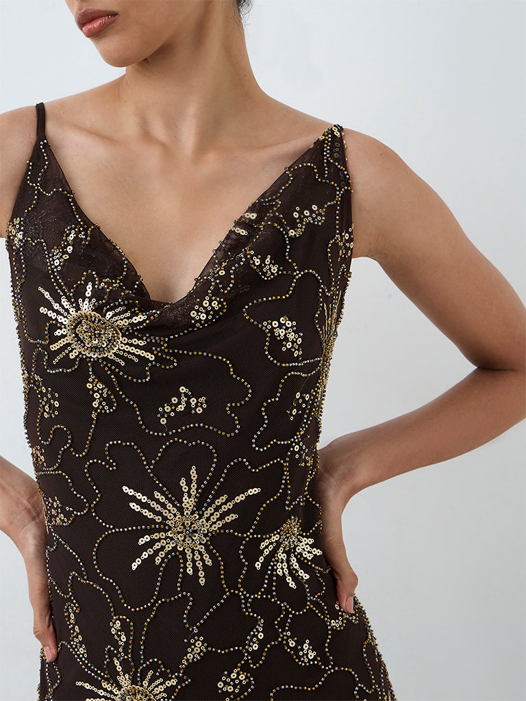 LOV Dark Brown Sequin Embellished Party Dress