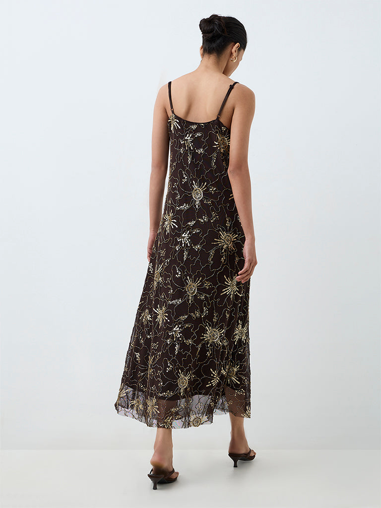 LOV Dark Brown Sequin Embellished Party Dress