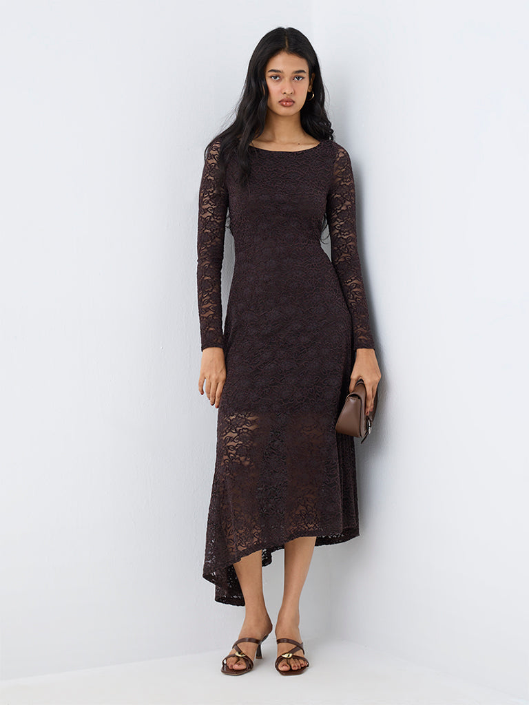 LOV Dark Brown Floral Lace Asymmetrical Dress