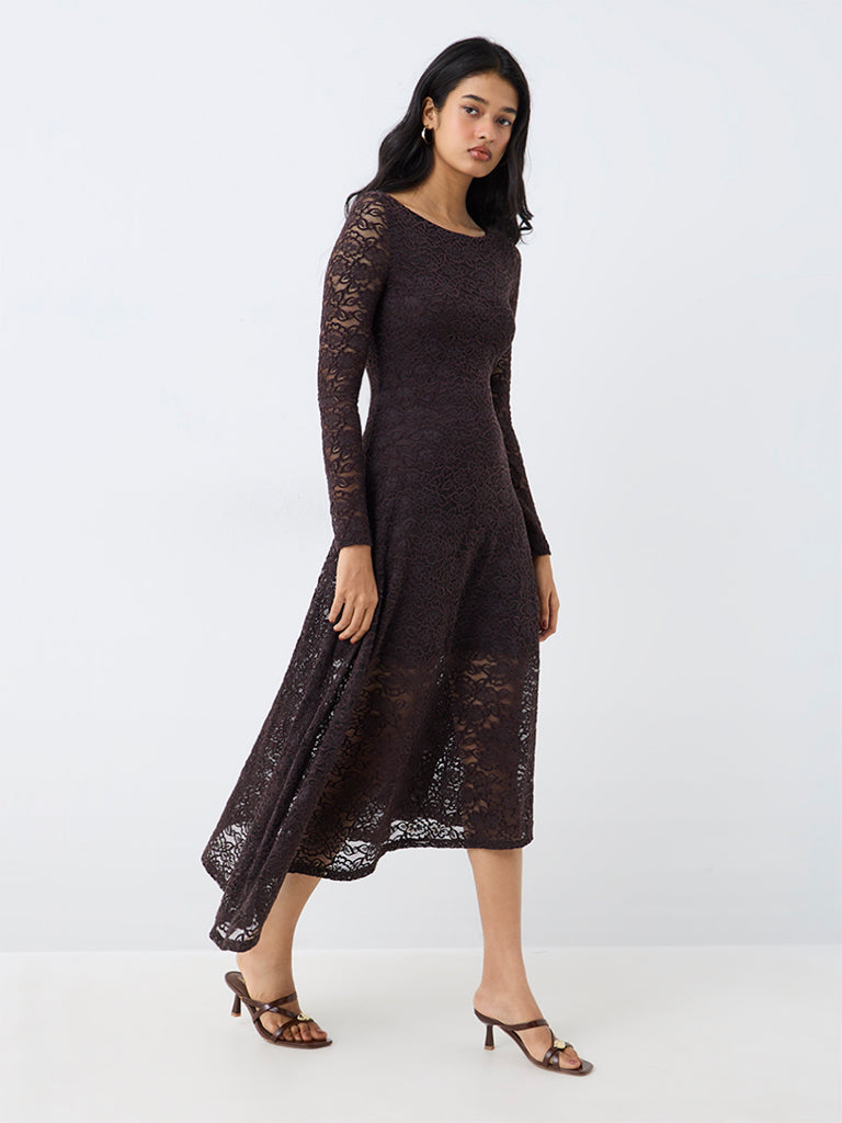 LOV Dark Brown Floral Lace Asymmetrical Dress