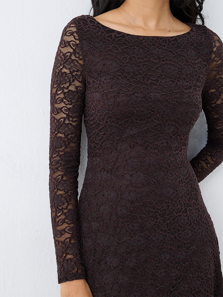 LOV Dark Brown Floral Lace Asymmetrical Dress