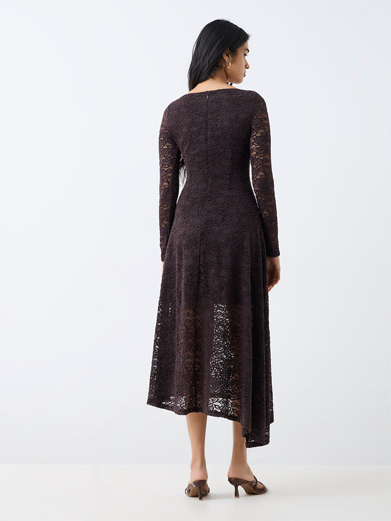 LOV Dark Brown Floral Lace Asymmetrical Dress