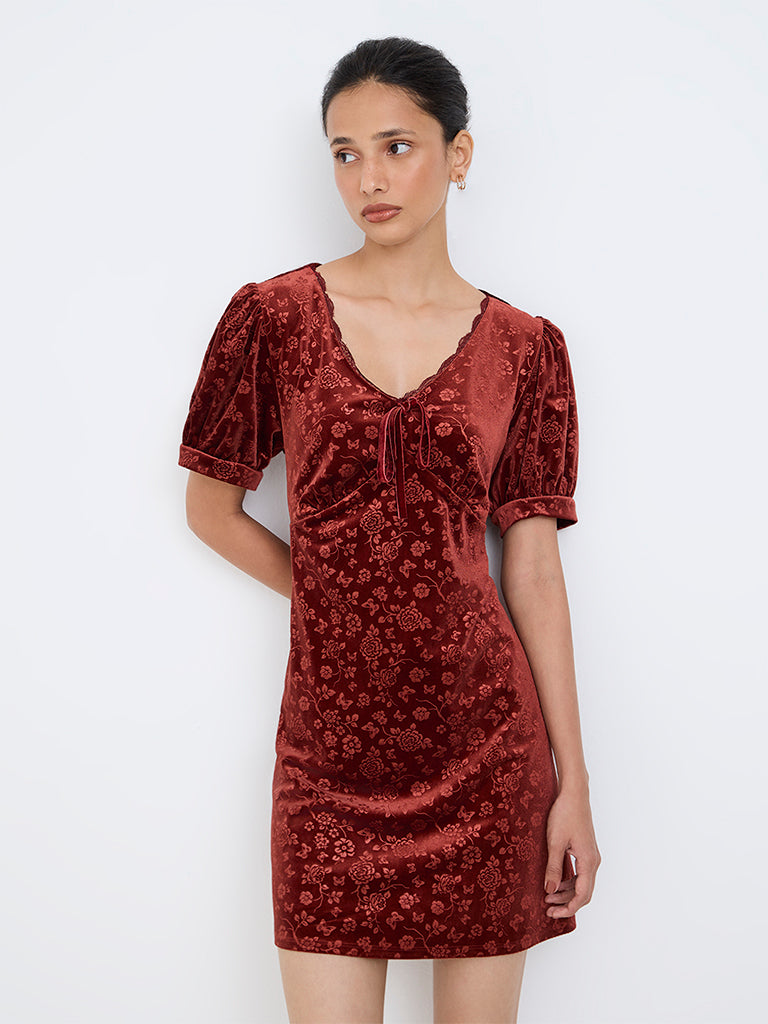 LOV Dark Rust Floral Jacquard A-Line Velour Dress